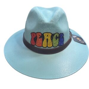 Light Blue Hat with Colorful 'Peace' Design